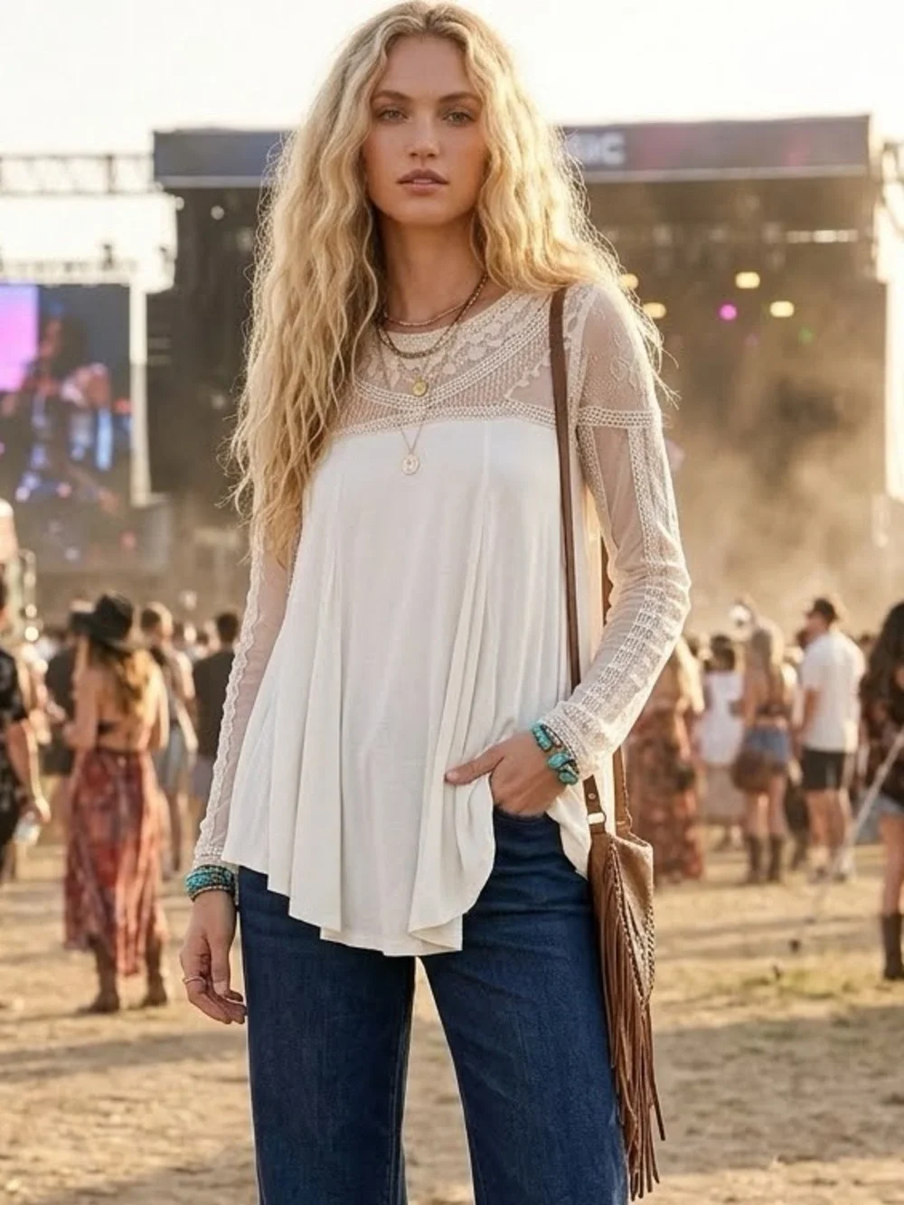 NWT Free People Jojo Mixed Media Lace Long Sleeve Tea Combo Rare